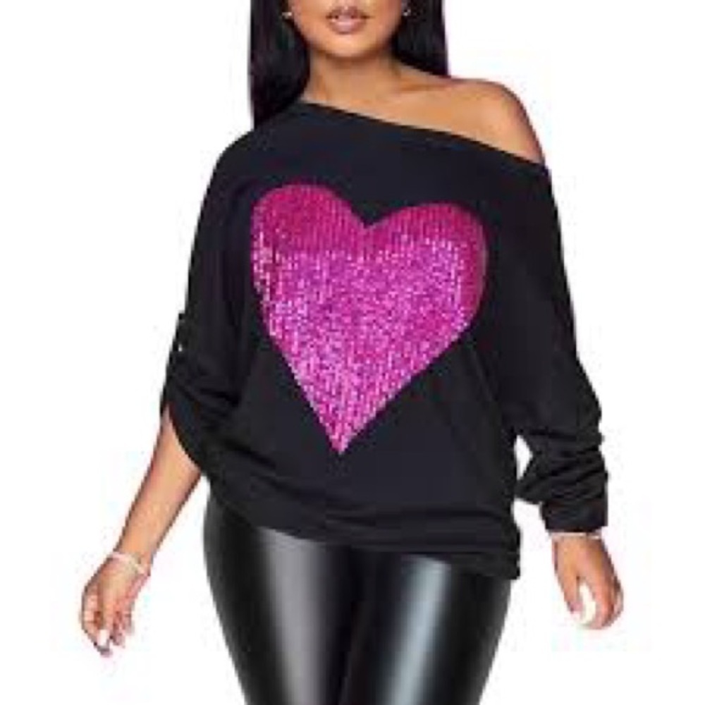 Sparkle Casual 3/4 Sleeve Sequin Heart Crew Neck too Glitter Valentines - Picture 3 of 6